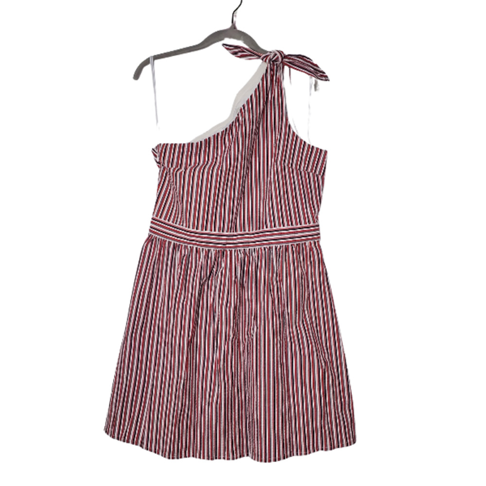 Asymmetrical vertical stripe cotton dress Loft size 6 one shoulder bow red black